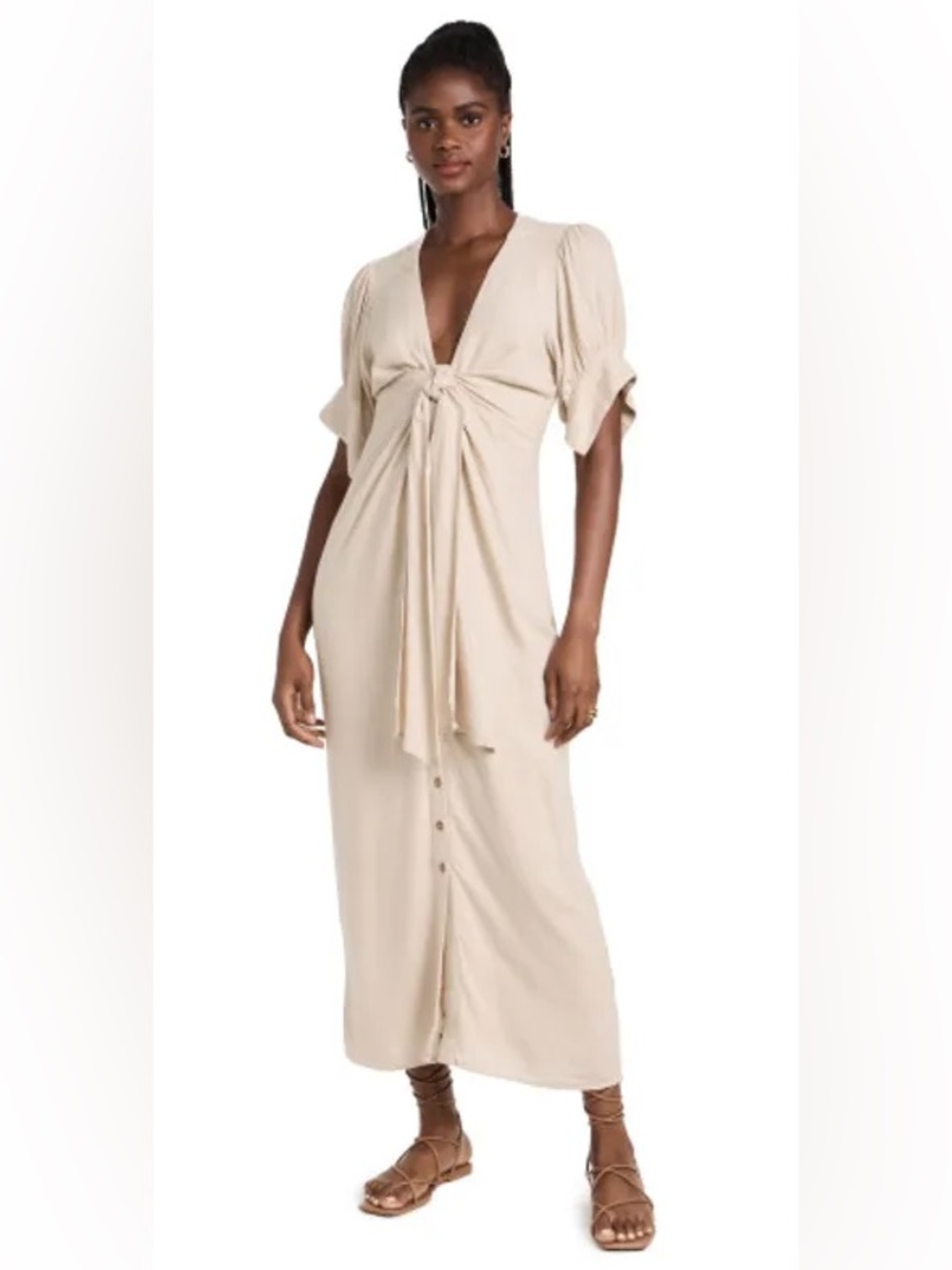 Free People Vintage Summer Midi Dress Stone Cold Beige V-Neck Tie-Front Small